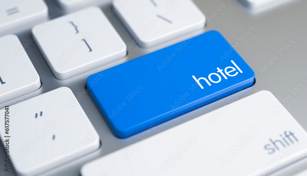 Poster hotel written on blue key of computer keyboard. high quality render of a slim aluminum keyboard butt