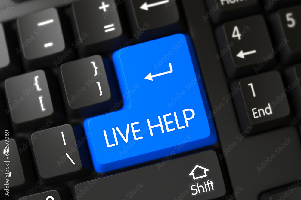 Poster live help concept: pc keyboard with selected focus on blue enter keypad. 3d render.