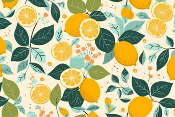 lemon and leaves pattern, in the style of anime aesthetic, clean and simple designs. Generative ai