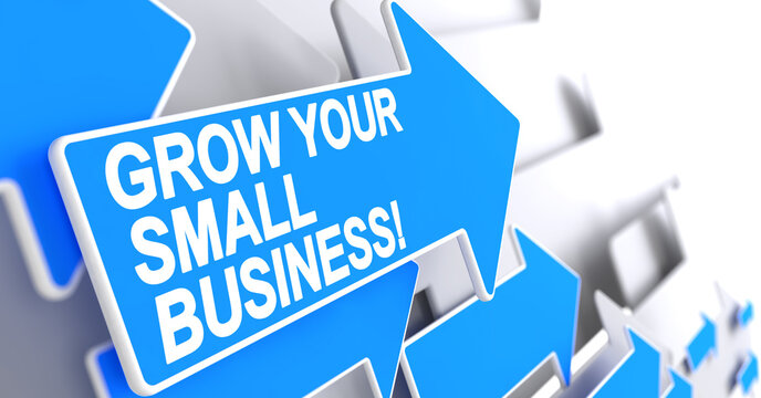 Grow Your Small Business, Text on the Blue Cursor. Grow Your Small Business - Blue Arrow with a Label Indicates the Direction of Movement. 3D Render.