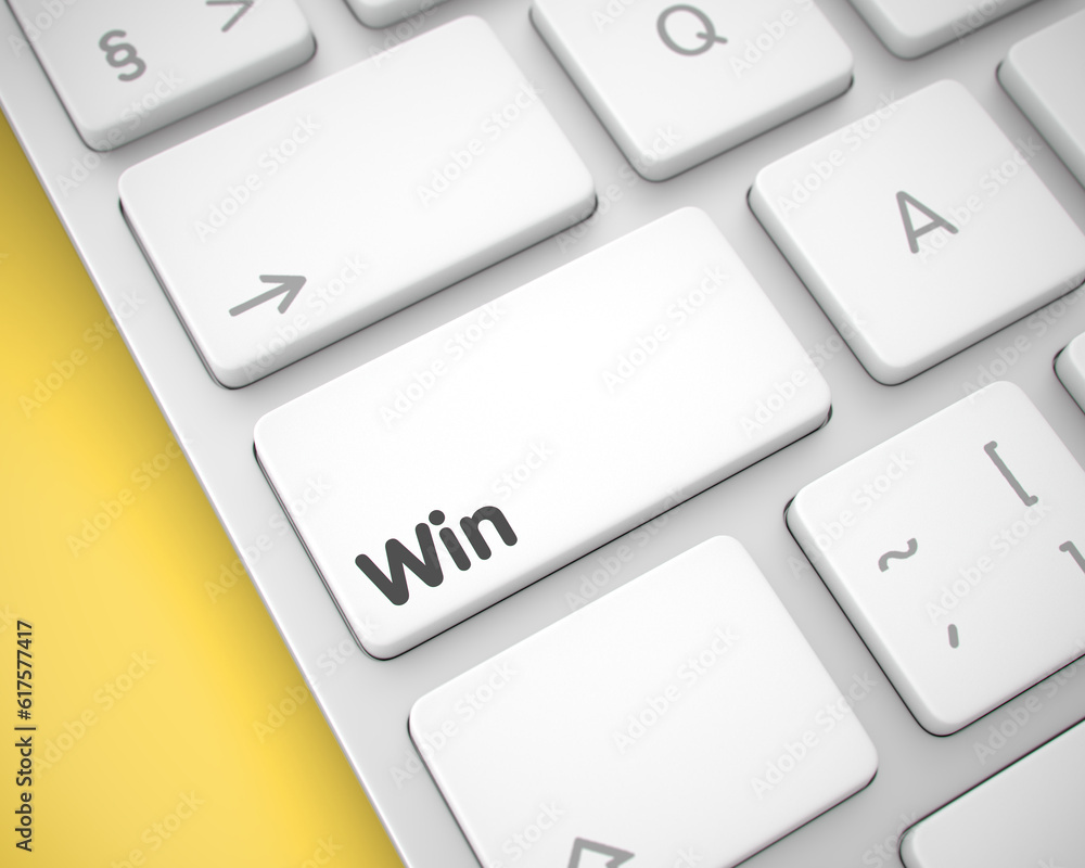 Poster slim aluminum keyboard keypad showing the inscriptionwin. message on keyboard white button. message 
