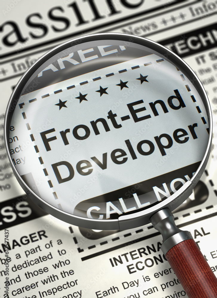 Poster newspaper with small ads of job search front-end developer. column in the newspaper with the searchi