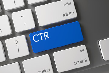 CTR Concept Modern Keyboard with CTR on Blue Enter Button Background, Selected Focus. 3D Illustration.