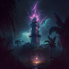 Tall iron tower in a vast lush jungle magical lightning rain night digital painting 