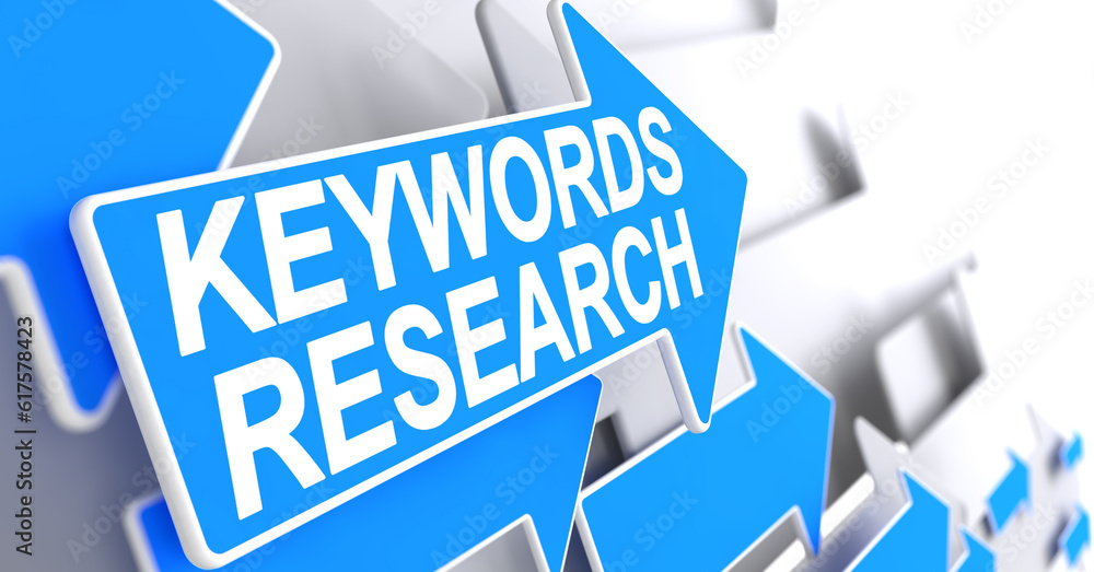 Aufkleber keywords research - blue pointer with a message indicates the direction of movement. keywords resear