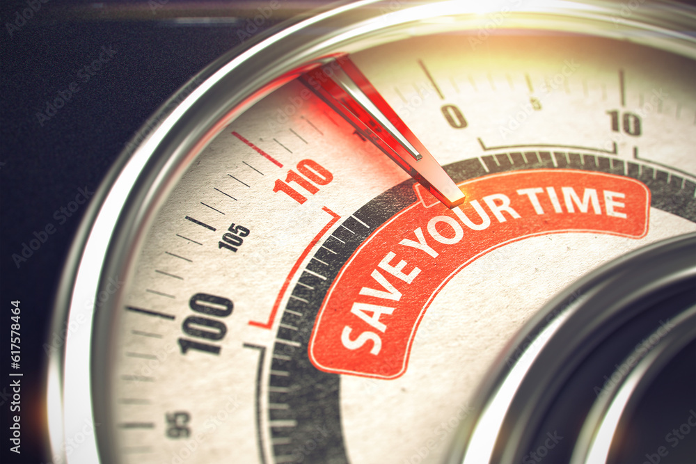 Aufkleber shiny metal scale with red punchline reach the save your time. illustration with depth of field effe