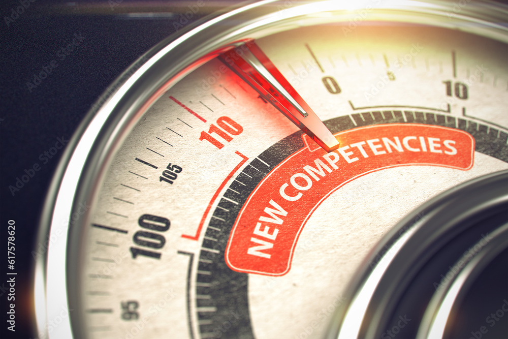 Poster 3d render of a speedmeter with red needle pointing the caption new competencies. business concept. 3