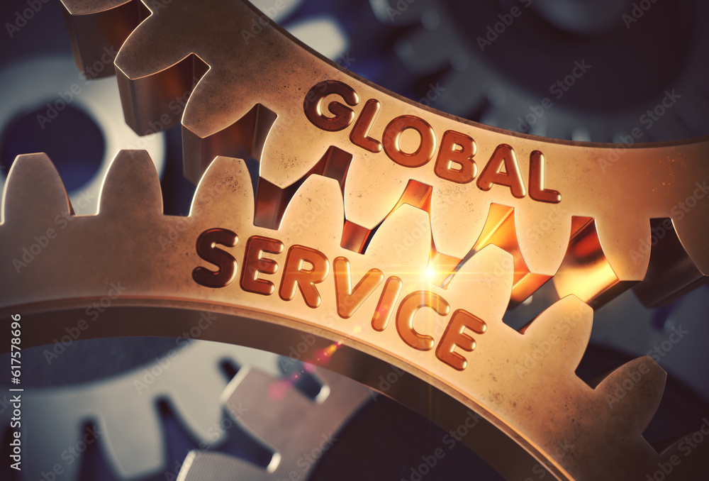 Poster global service - illustration with glowing light effect. global service - technical design. 3d rende