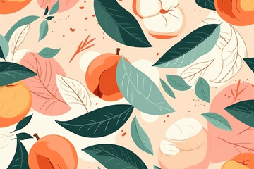peach fruit and leaves pattern, in the style of anime aesthetic, clean and simple designs. Generative ai
