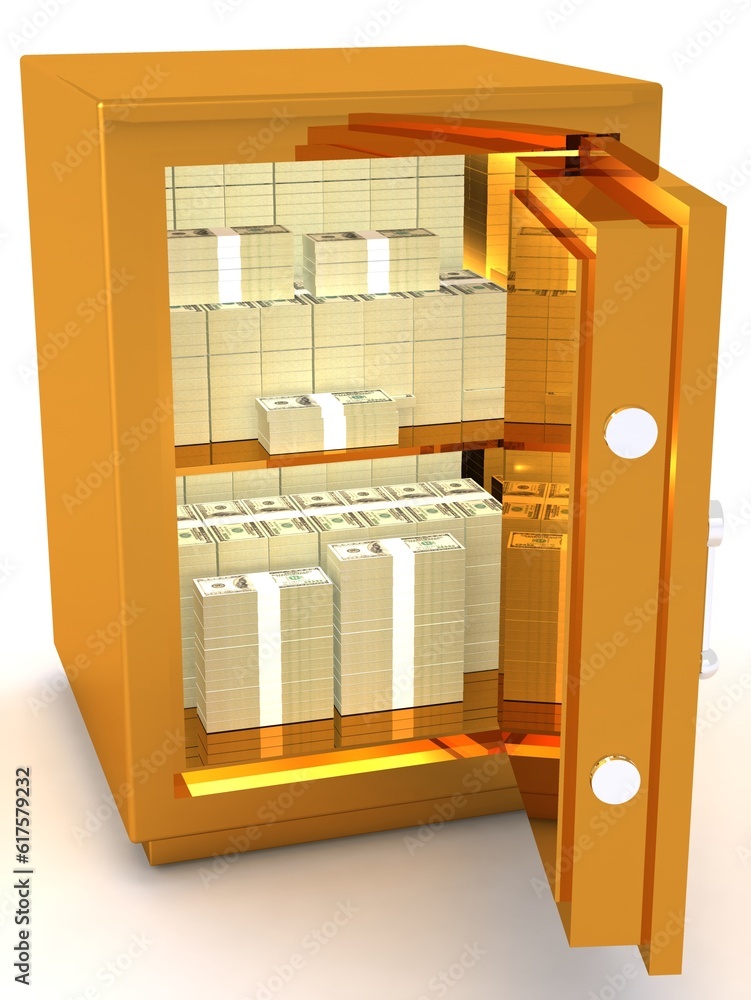 Poster 3d rendering of a open metal safe with a bundle of banknotes of dollars