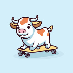 cute cow playing skateboard summer sport vector illustration