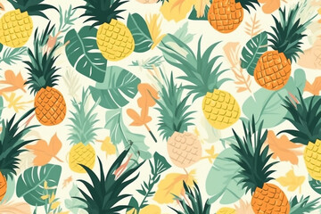 pineapple and leaves pattern, in the style of anime aesthetic, clean and simple designs. Generative ai