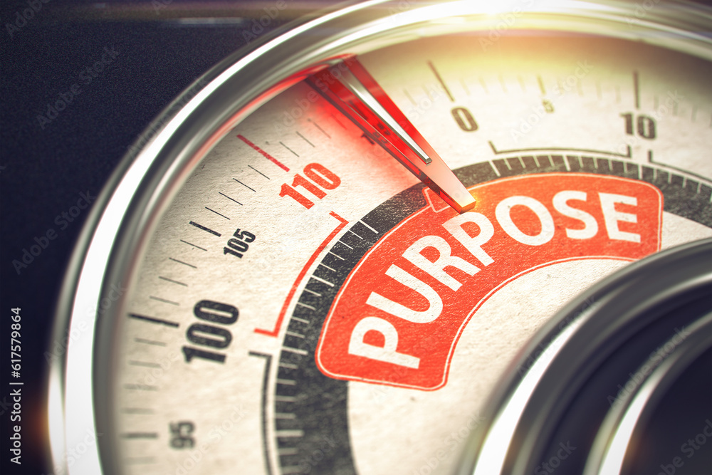 Poster 3d render of a conceptual meter with red needle pointing the inscription purpose. business concept. 
