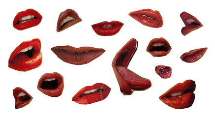 Cutout vintage magazine women's mouths, collection of different designs from vintage 90's magazine, png isolated on transparent background