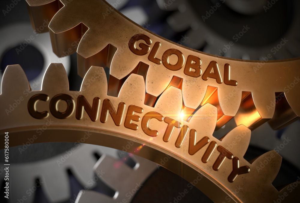 Aufkleber golden cogwheels with global connectivity concept. global connectivity on the mechanism of golden co