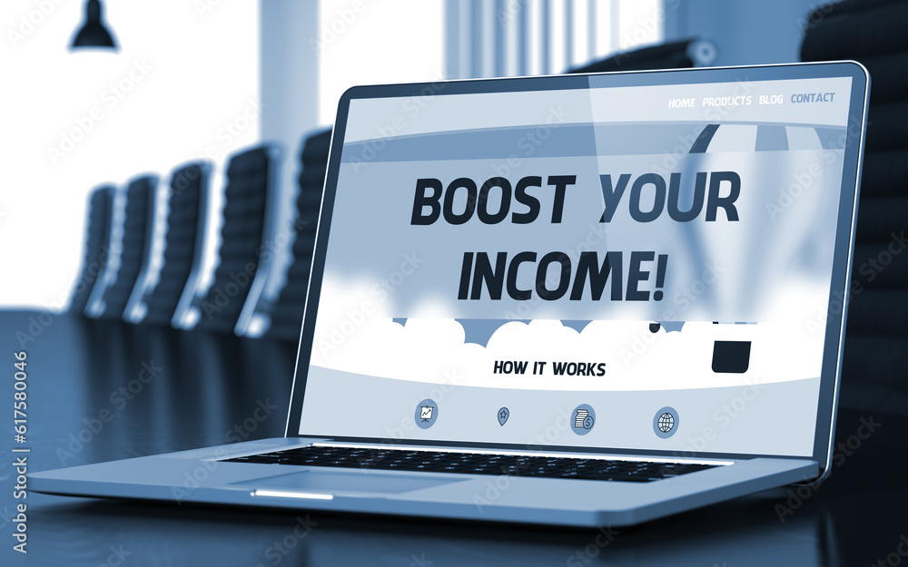 Poster closeup boost your income concept on landing page of mobile computer display in modern meeting hall.