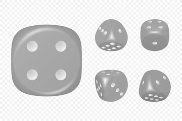 Vector 3d Realistic Grey Game Dice with White Dots Set in Different Positions Isolated. Gambling Games Design, Casino, Poker, Tabletop, Board Games. Realistic Cubes with Random Numbers, Rounded Edges