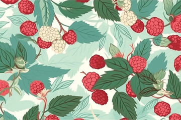 Raspberry and leaves pattern, in the style of anime aesthetic, clean and simple designs. Generative ai