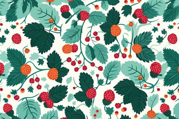 Raspberry and leaves pattern, in the style of anime aesthetic, clean and simple designs. Generative ai