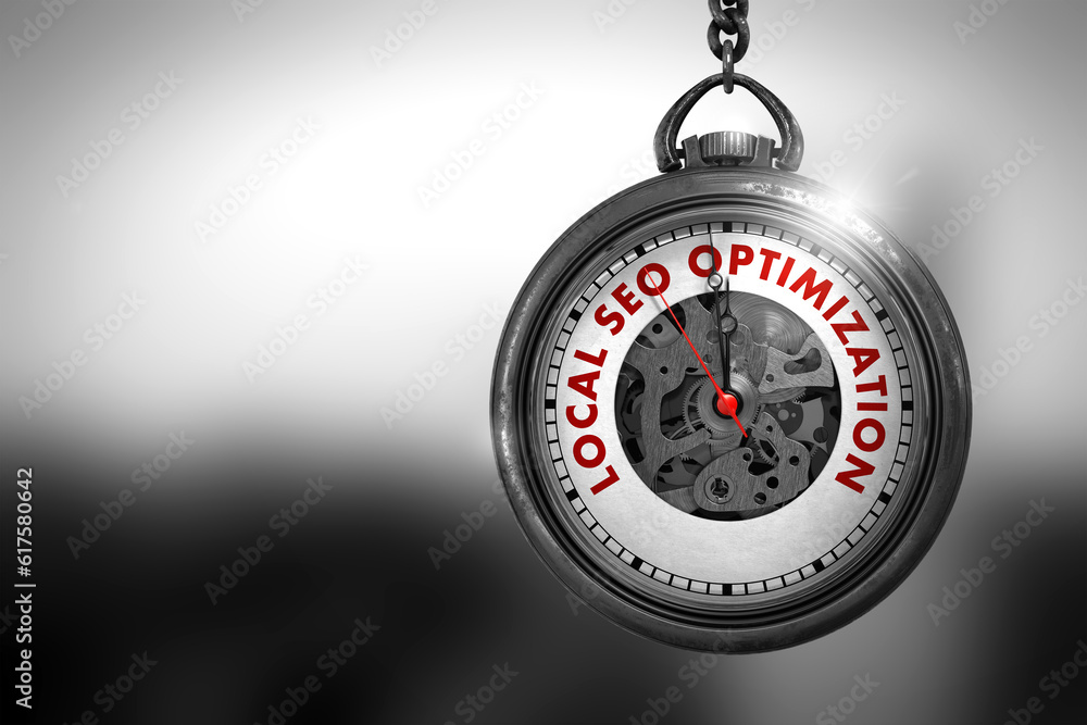 Aufkleber local seo optimization on vintage pocket watch face with close view of watch mechanism. business con