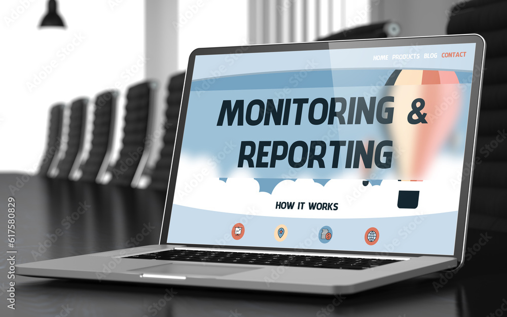 Poster monitoring and reporting. closeup landing page on laptop display. modern meeting room background. bl