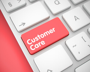 Fototapeta premium Online Service Concept: Customer Care on White Keyboard lying on Red Background. Service Concept with Conceptual Enter Red Button on the Keyboard: Customer Care. 3D.