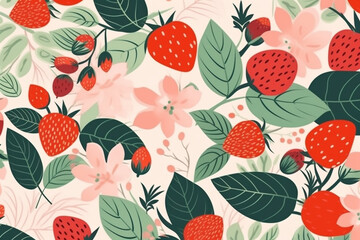 Strawberry and leaves pattern, in the style of anime aesthetic, clean and simple designs. Generative ai