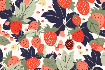 Strawberry and leaves pattern, in the style of anime aesthetic, clean and simple designs. Generative ai