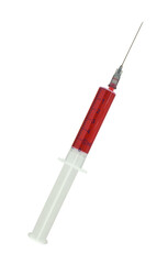 Fototapeta premium Disposable syringe with 6 ml of red liquid on white background
