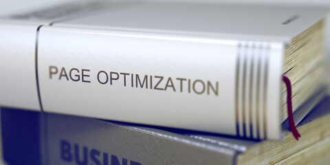 Page Optimization Concept. Book Title. Business Concept: Closed Book with Title Page Optimization in Stack, Closeup View. Blurred Image with Selective focus. 3D Illustration.