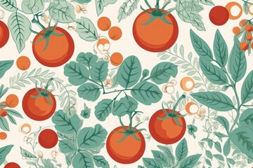 tomato and leaves pattern, in the style of anime aesthetic, clean and simple designs. Generative ai
