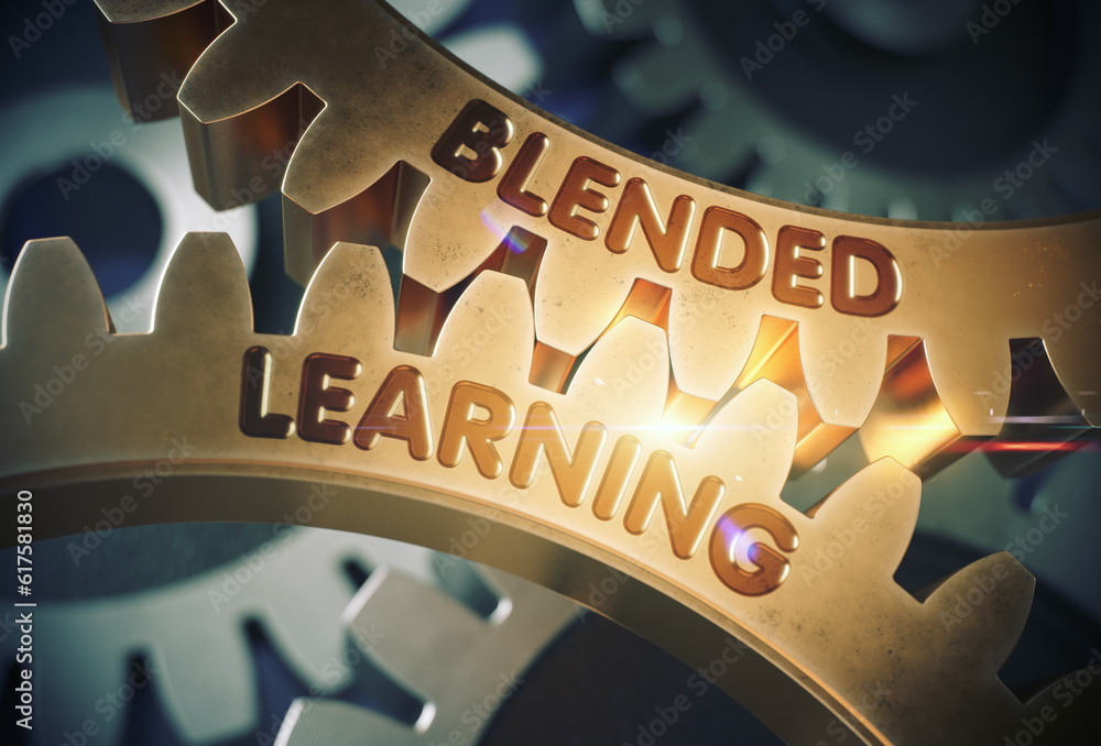 Poster blended learning on golden metallic cog gears. golden metallic cog gears with blended learning conce