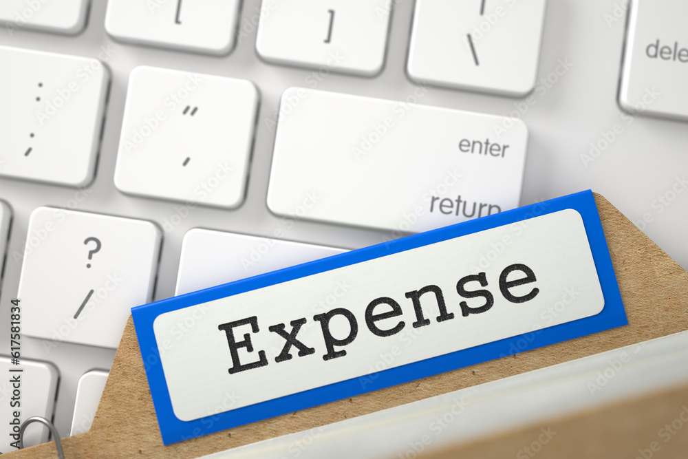 Poster expense written on blue card index concept on background of modern laptop keyboard. closeup view. bl