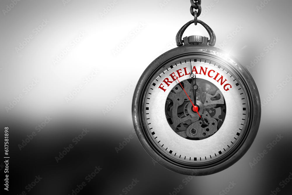 Poster pocket watch with freelancing text on the face. business concept: watch with freelancing - red text 