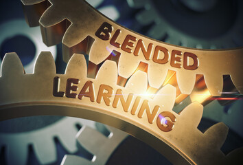 Blended Learning on Golden Metallic Cog Gears. Golden Metallic Cog Gears with Blended Learning Concept. 3D Rendering.