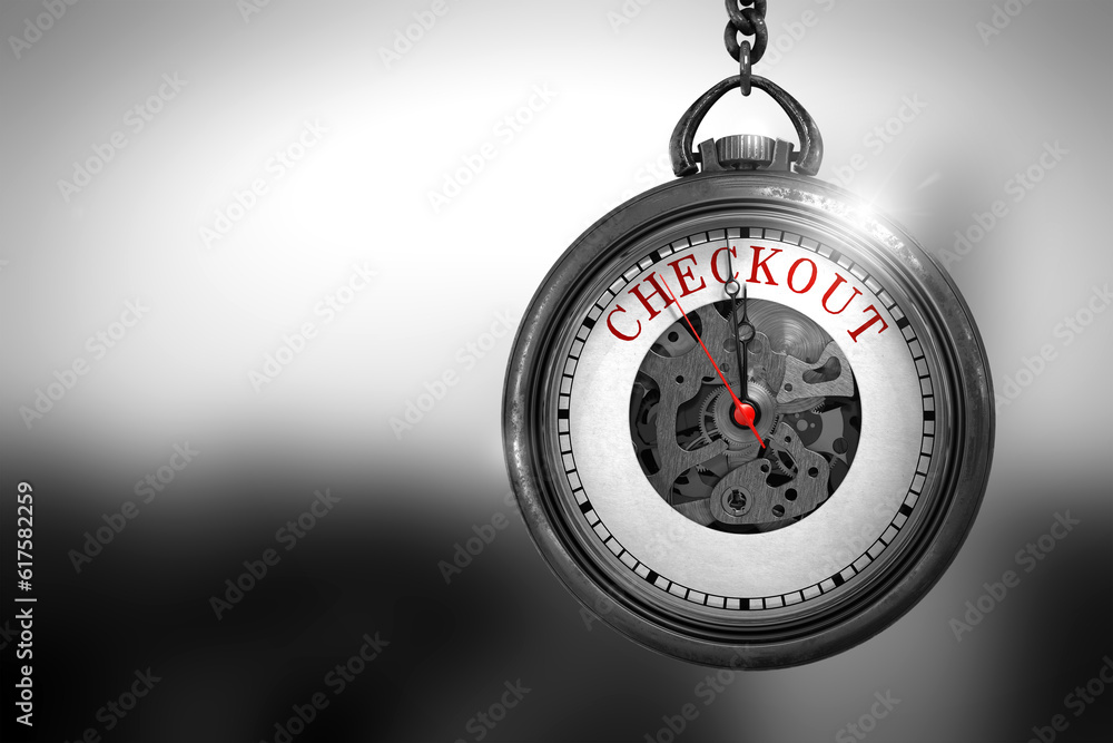 Aufkleber business concept: pocket watch with checkout - red text on it face. checkout close up of red text on