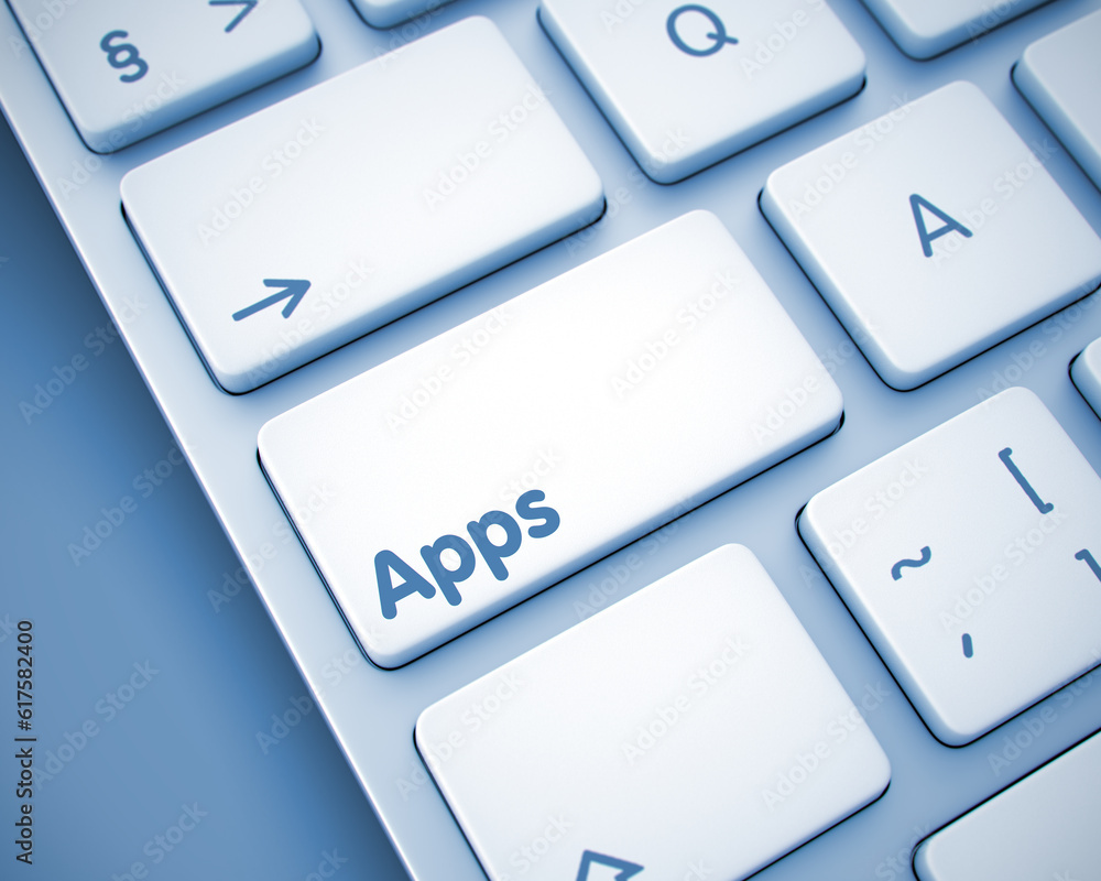 Poster business concept: apps - applications on conceptual keyboard lying on the toned background. close-up