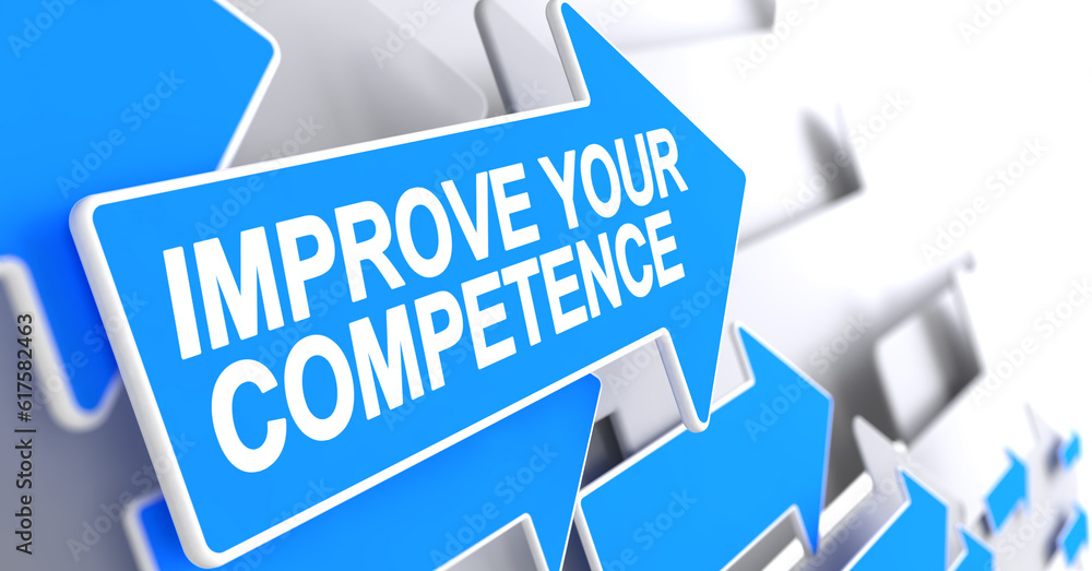 Poster improve your competence - blue cursor with a inscription indicates the direction of movement. improv