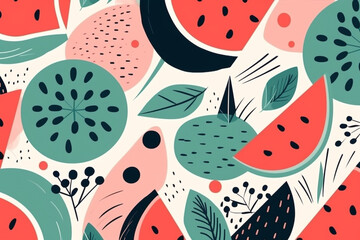 watermelon and leaves pattern, in the style of anime aesthetic, clean and simple designs. Generative ai