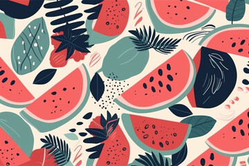 watermelon and leaves pattern, in the style of anime aesthetic, clean and simple designs. Generative ai