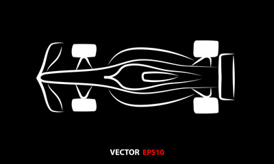 Formula 1 car line art icon monochrome illustration. black background	