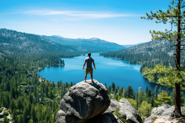 Man is standing on top of a rock overlooking a lake