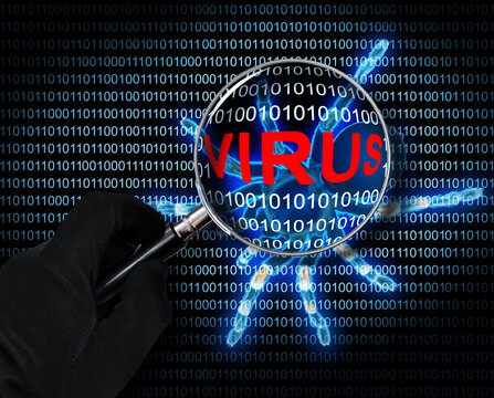 Virus in binary code and the silhouette of the spider in the magnifying glass on dark background