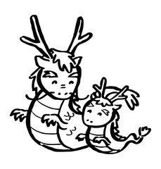 龍の親子　辰年のかわいい筆線画イラスト