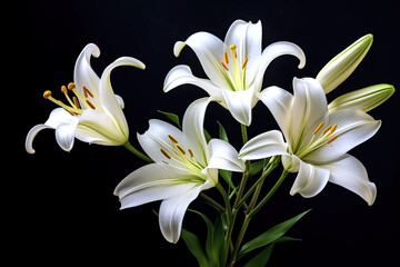 Fototapeta na wymiar White Lilly flowers on black, Generative Ai