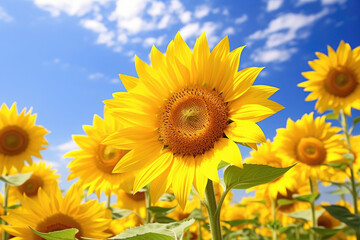 Obraz premium sunflower blooming and blue sky background, Generative Ai