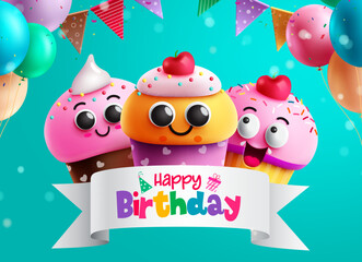 Birthday cup cake character vector design. Happy birthday text in ribbon space with cupcake, balloons and pennants colorful elements. Vector illustration party concept.