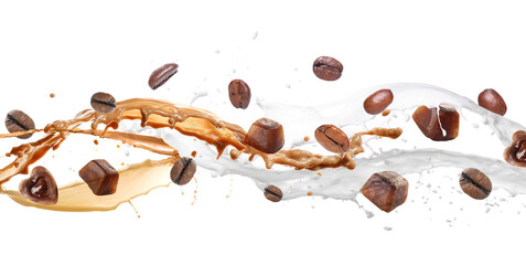 Coffee ice cubes, beans, splash of beverage and milk on white background