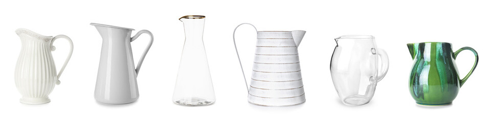 Collage of stylish jugs on white background