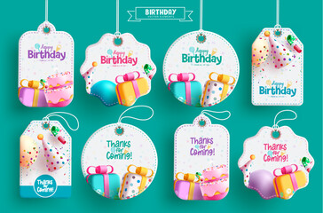 Birthday elements vector set design. Happy birthday greeting text in colorful cards and tags for holiday events celebration. Vector illustration gifts tags collection. 